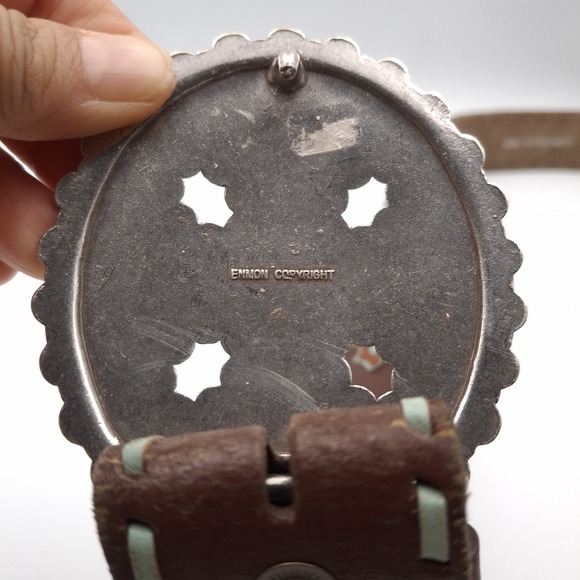 Western 925 Sterling Silver Buckle Enmon Belt Genuine Leather Size L Brown Boho - Picture 5 of 10